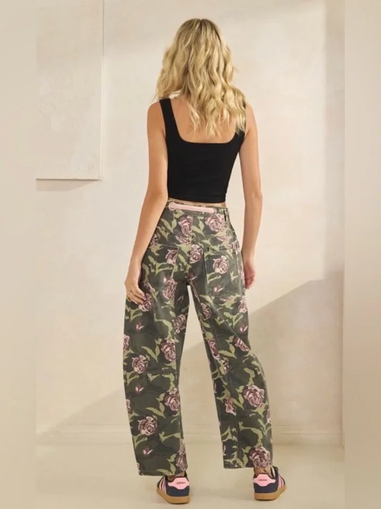 Floral Wide-Leg Barrel Pants or Jeans- Olive with Pink Roses - Picture 6 of 7